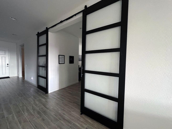 Glass 5 Panel Double Barn Door - DALMATIAN DOORS™ and Woodworking