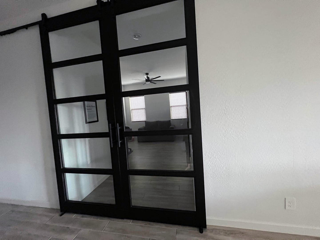 Glass 5 Panel Double Barn Door - DALMATIAN DOORS™ and Woodworking