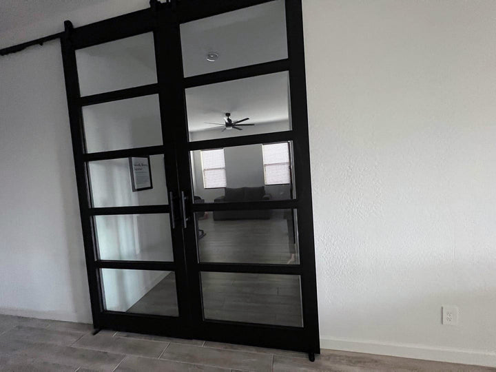 Glass 5 Panel Double Barn Door - DALMATIAN DOORS™ and Woodworking