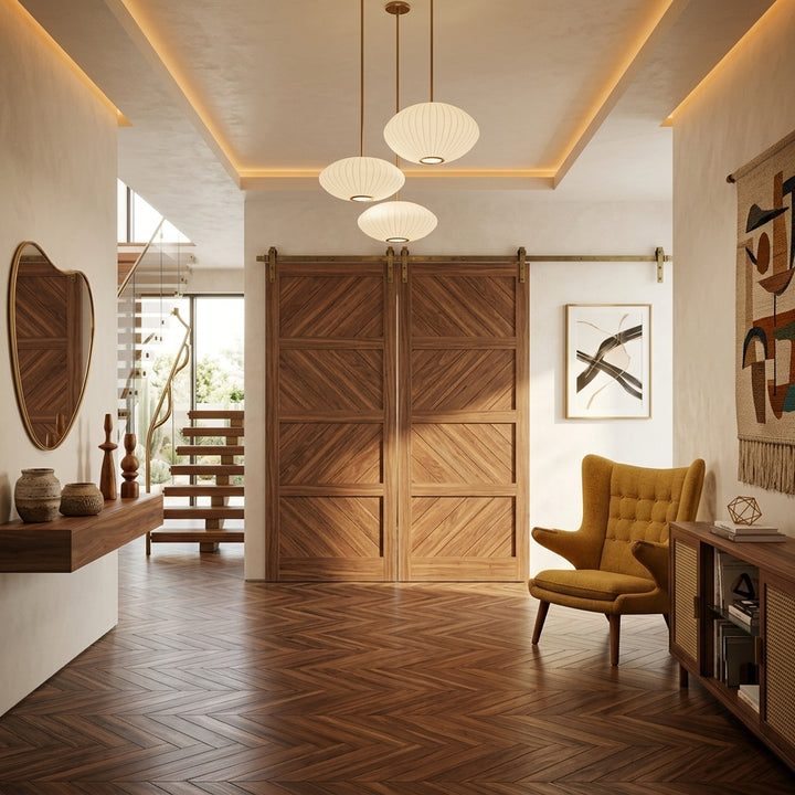 Left and Right Arrow Wood 4 Panel Double Barn Door - DALMATIAN DOORS™ and Woodworking